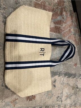 Mark & Graham Personalized Straw Tote Beach Bag Navy Stripe Monogram RT